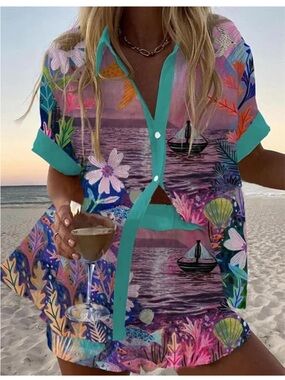 Tropical Floral Beach Button-Up Top - Turquoise Trim 2 piece set